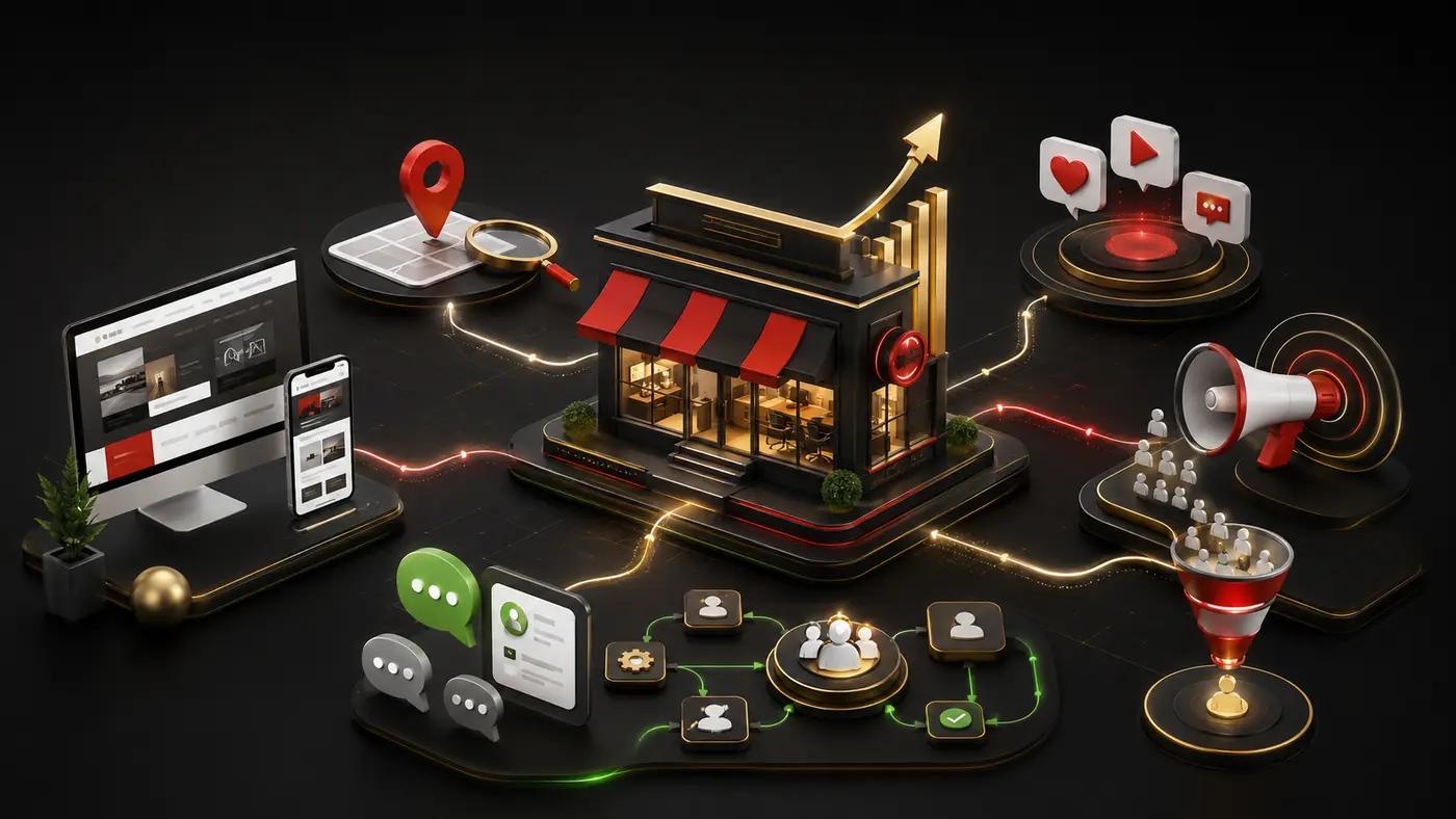 Isometric visualization of a small business connected to a website, local discovery, social content, paid advertising and lead follow-up